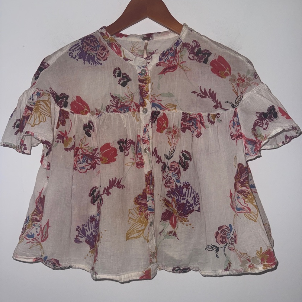 ✨ Free People Sweet Escape Floral Gauze Cotton Blouse Boho Flutter Sleeve Top - Picture 5 of 15
